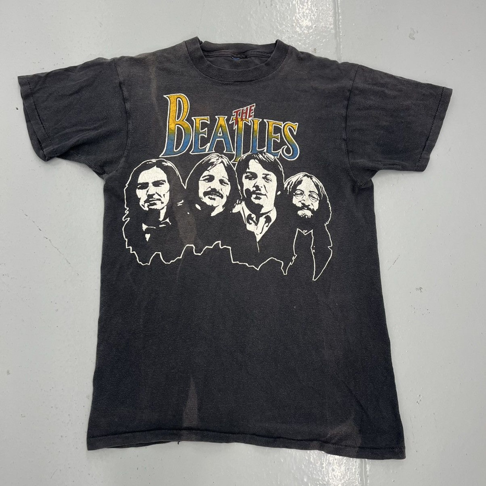 Vintage 80s The Beatles Black Faded Concert TShirt Vintage 80s The Beatles Black Faded Concert TShirt